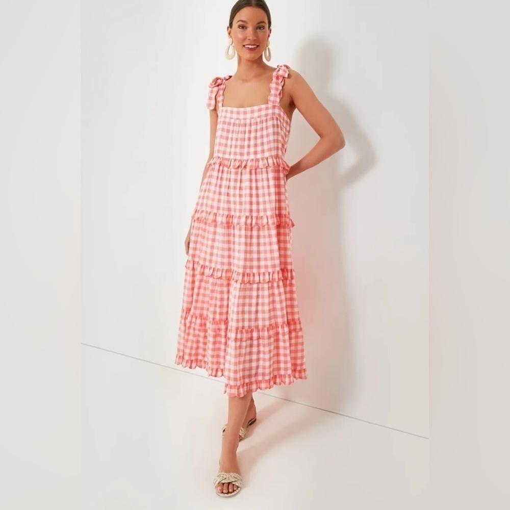 PINK CITY PRINTS Tuckernuck Apricot Gingham Acapulco Dress XS